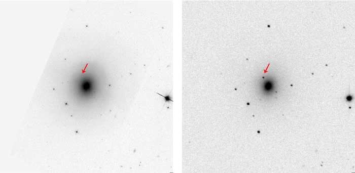 左图是哈勃太空望远镜在侦测到重力波的四个月前，拍摄到的NGC 4993椭圆星系影像。</p><p>而右图是智利斯沃普望远镜（Swope Telescope）在2017年8月所