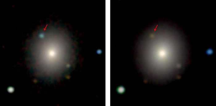 天文学家利用智利的斯沃普和麦哲伦（Magellan）望远镜，记录了这次的中子星爆炸。</p><p>在可见光波段下，可以看到有个亮点突然出现，然后逐渐黯淡下来。</p><p>在大约七天后，可