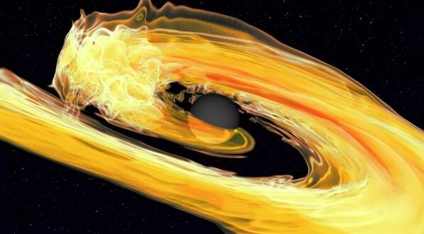 一位艺术家描绘的黑洞和中子星合并显示潮汐破坏。</p><p>.jpg