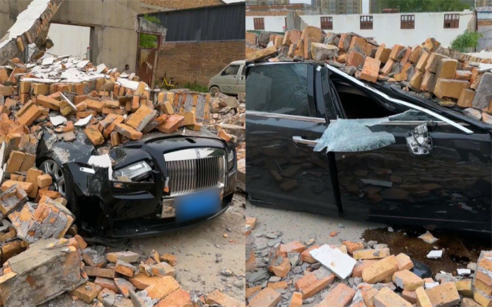 大风吹倒墙砸中劳斯莱斯 车已报废 属于大自然灾害？