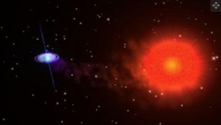 脉冲星吞噬其伴星物质的示意图。在黑寡妇脉冲星中，伴星被剥离到地球太阳质量的十分之一，或者更少.jpg